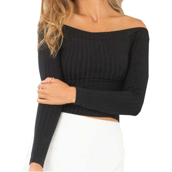 Smoves Sexy Off Shoulder Women Knitted Sweater Tops Autumn Winter Pullover Crop Tops Long Sleeve Casual T-shirts New White Black