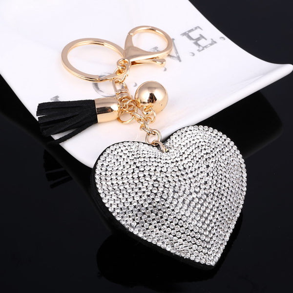 Love Heart Keychain 6Colors Full Crystal Key Ring Women Handbag Pendant Charms Long Tassel Golden Chain Bag Keyring & Key Holder