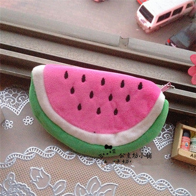 Retail girls fruit coin purses kids Plush Watermelon Strawberry ladies small wallet bag key case women handbag Card Holders