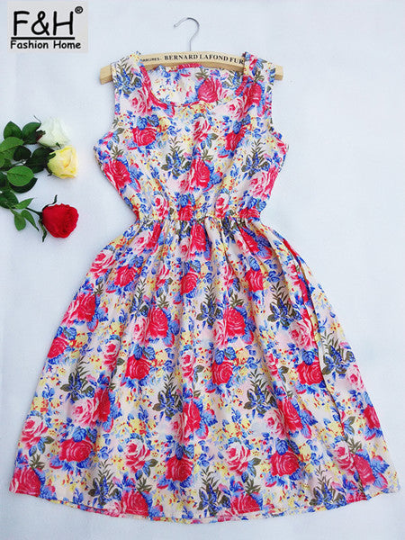 2017 New Women Dress Fashion Cute Love Florals Print Round Neck Sleeveless Chiffon Dress Femininas Saias S M L XL XXL