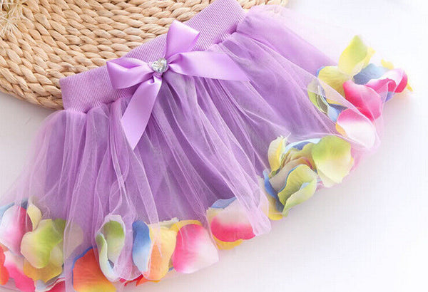 2016 Summer Hot-selling Baby Kids Girls Colorful Petals Bow Tutu Skirt Princess Party Tulle Gown FANCY Clothes 3-8Y
