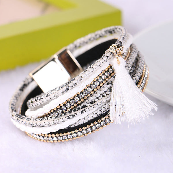 Braided Multilayer Rhinestone Leather Bracelet Femme 2016 Brazilian Beach Magnet Buckle Tassel Friendship Bracelets Boho Jewelry