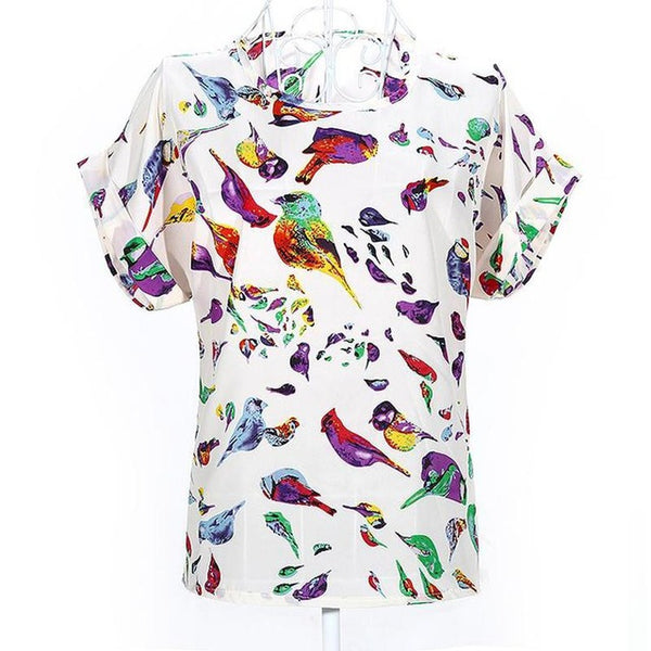 2015 new Large size women printing blouse bird bat shirt short-sleeved chiffon blusas femininas roupas summer style