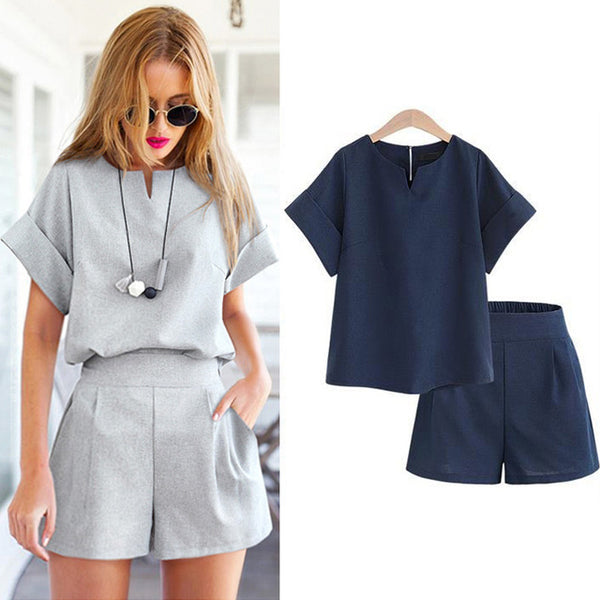 2017 Women Summer Style Casual Cotton Linen Top Shirt Feminine Pure Color Female Office Suit Set Women's Costumes Hot Short Sets
