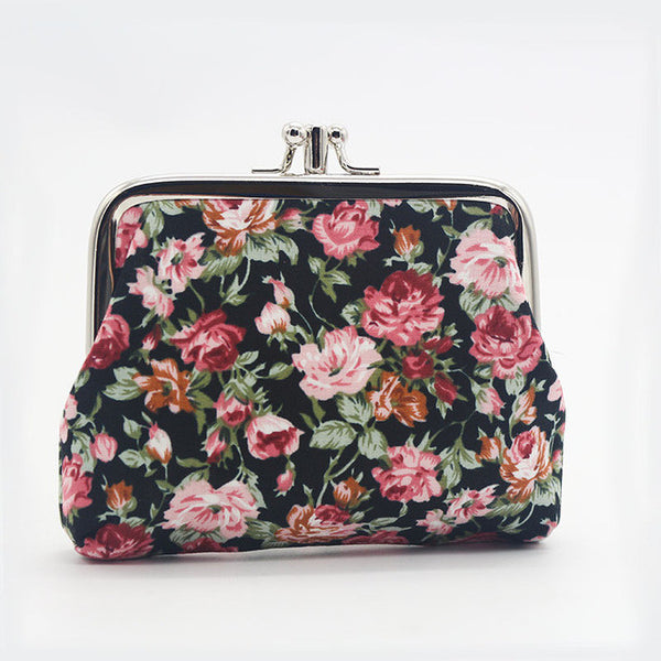 Fashion Women Coin Purse Cute Flower Printing Ladies Small Purse Coin Two Metal Button Pocket Coin Pouch Key Credit Card Holder