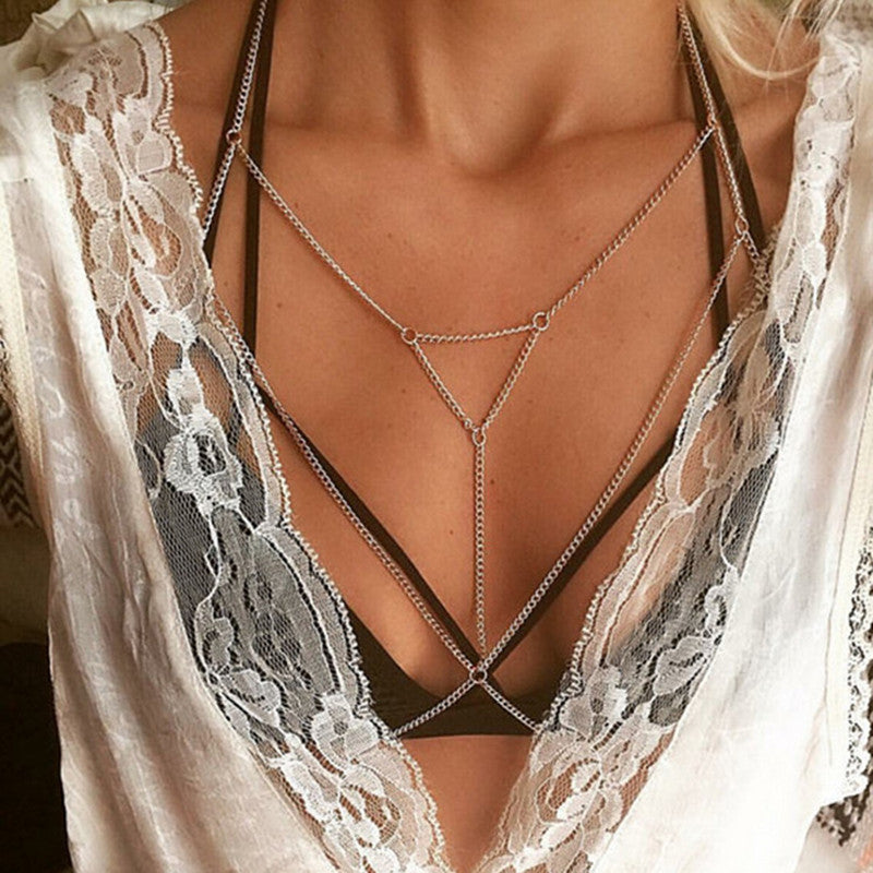 Hot Sexy Women Cross Metal Body Chain Bikini Belly Harness Necklace  Body jewelry Accessories For Summer gifts