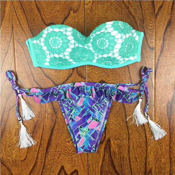 2017 Summer Style Floral Print Women Bikinis Set Crochet Lace Swimsuit Strapless Push Up Bandeau Biquinis Beachwear Bathing Suit