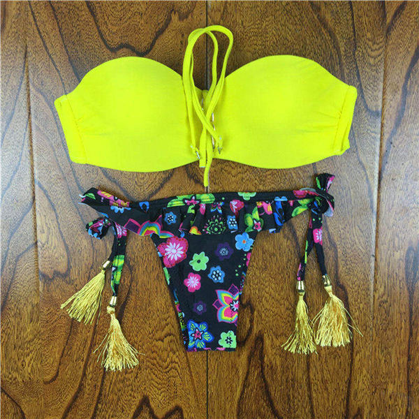 2017 Summer Style Floral Print Women Bikinis Set Crochet Lace Swimsuit Strapless Push Up Bandeau Biquinis Beachwear Bathing Suit