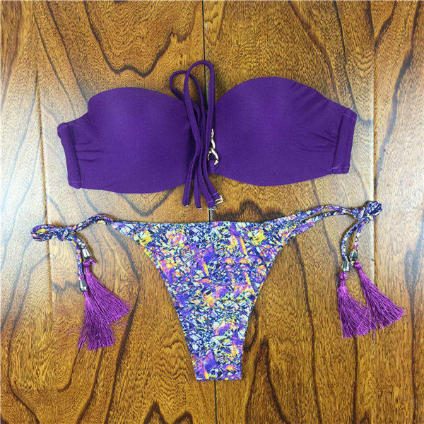 2017 Summer Style Floral Print Women Bikinis Set Crochet Lace Swimsuit Strapless Push Up Bandeau Biquinis Beachwear Bathing Suit