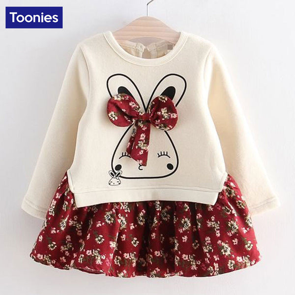 Hot Sale Cute Rabbit and Flowers Printed Girls Long Sleeve Dress 2017 Winter Autumn Baby Girl Princess Dress 2 Color YY2234