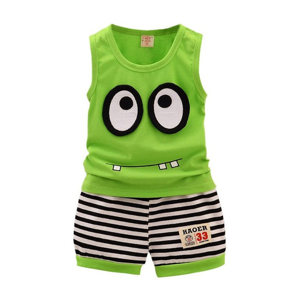 Summer Kids Clothes Set Cotton Cartoon Style Baby Boy Girls Vest+ Stripe Shorts 2pcs Clothing Set Children Sport Suit Hot