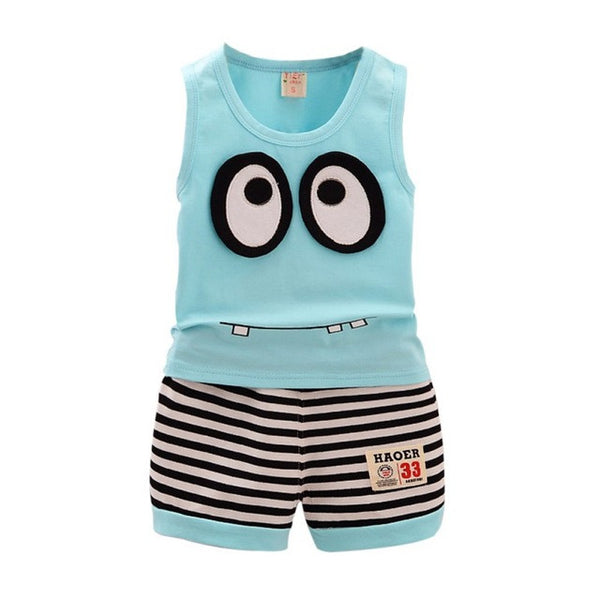 Summer Kids Clothes Set Cotton Cartoon Style Baby Boy Girls Vest+ Stripe Shorts 2pcs Clothing Set Children Sport Suit Hot