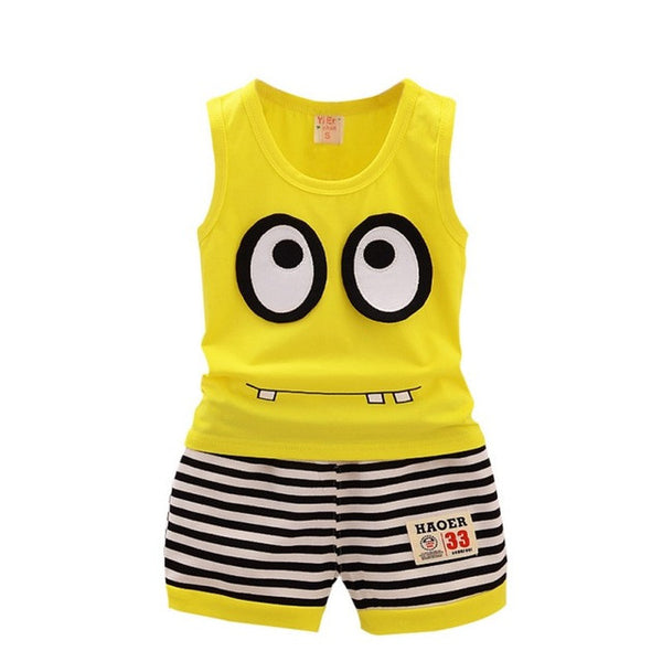 Summer Kids Clothes Set Cotton Cartoon Style Baby Boy Girls Vest+ Stripe Shorts 2pcs Clothing Set Children Sport Suit Hot