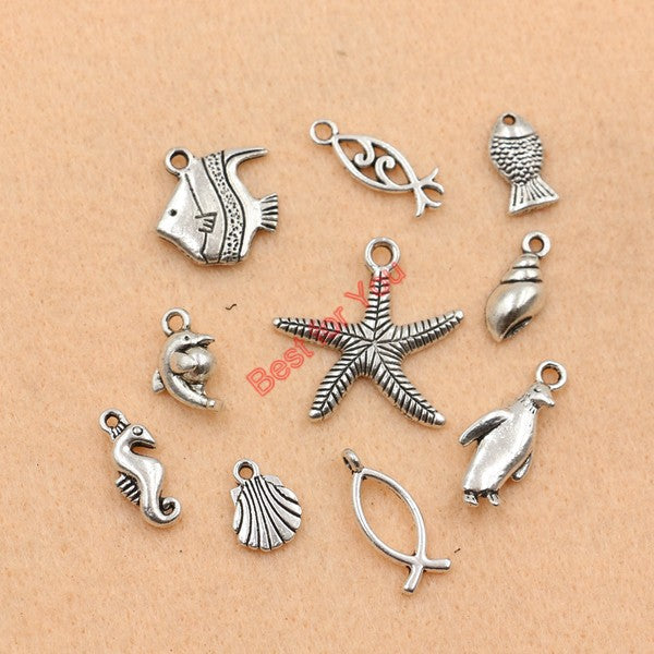 Mixed Tibetan Silver Plated Ocean Dolphin Hippocampus Penguin Shell Charms Pendant Jewelry Making Diy Charm Handmade Crafts c019