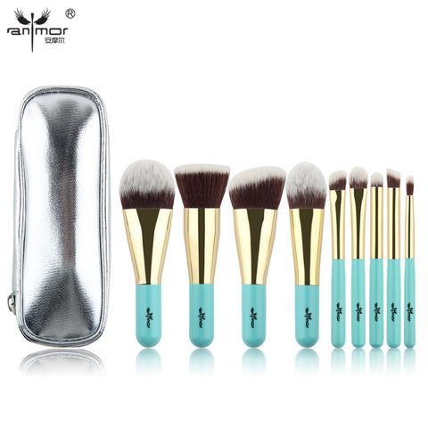 Anmor Hot Sale 9 Pieces Synthetic Hair Makeup Brushes with Sliver Color Bag Beautiful Traveling Makeup Brush Set B001