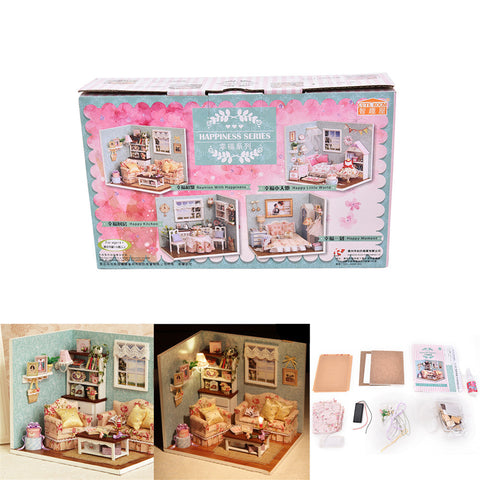 DIY Handmake Wooden Dollhouse Miniature Kit Happy Living Room With Cover Furniture Cute bedroom Model Girl Doll House Room Box