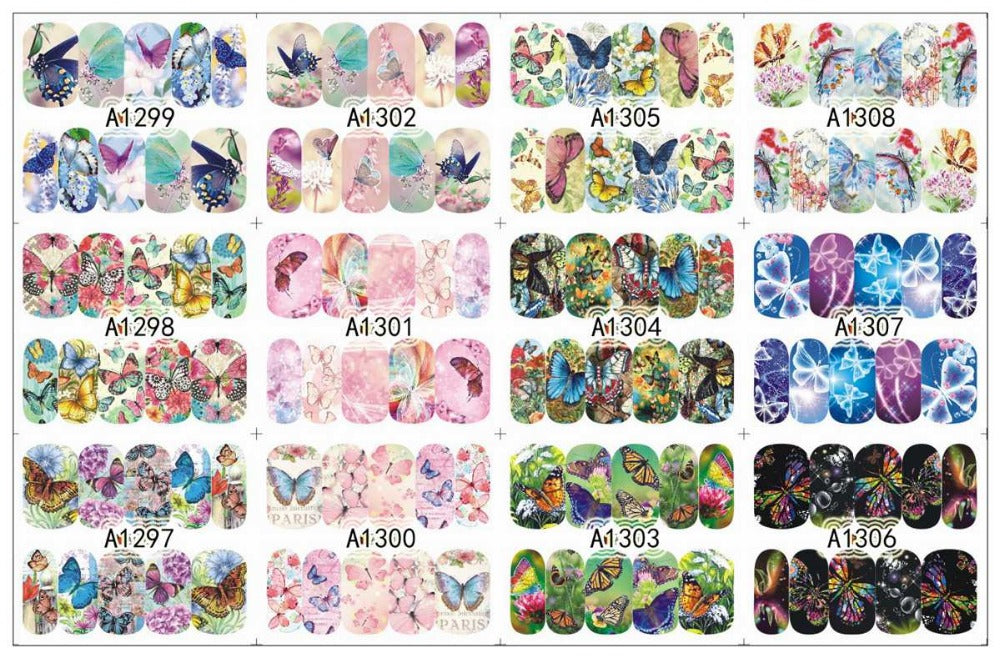 12 PACK/ LOT WATER DECAL NAIL ART NAIL STICKER SLIDER TATTOO FULL COVER COLORFUL BUTTERFLIES A1297-1308