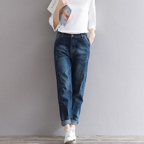 2017 Woman Jeans Plus Size Fashion Elastic Blue Women Mid Waist Casual Harem Jeans Female Cotton Harem Pants Loose Trousers