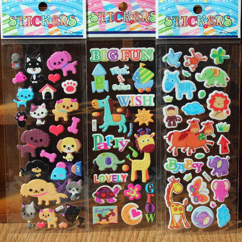 5pcs/lot Fashion Brand Kids Toys Cartoon Cute Animals Zoo 3D Stickers Children girls boys PVC Stickers Bubble Stickers