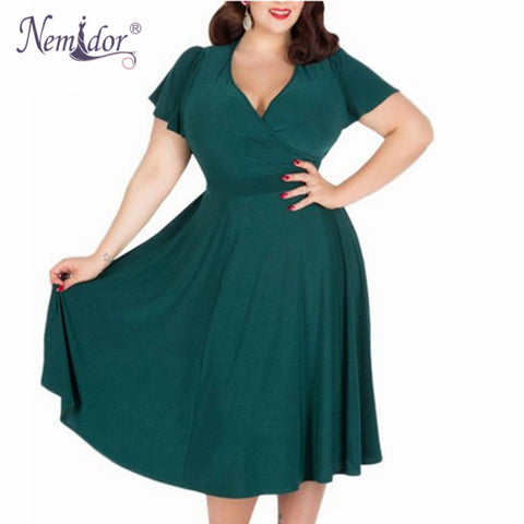 Nemidor Women Sexy V-neck Short Sleeve 50s Party A-line Dress Elegant Stretchy Midi Plus Size 7XL 8XL 9XL Cocktail Swing Dress