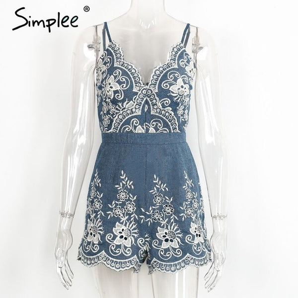 Simplee Embroidery v neck summer jumpsuit romper Strap elegant jumpsuit women floral playsuit 2017 sexy zipper short overalls