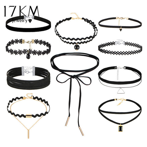 17KM 10 PCS/Set New Gothic Tattoo Leather Choker Necklaces Set for Women Hollow Out Black Lace Necklace Jewelry Collier Chain