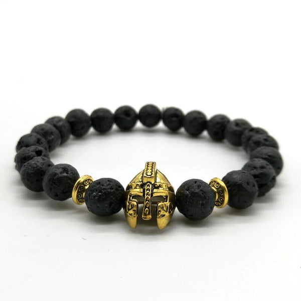Antique Gold Roman Knight Spartan Warrior Gladiator Helmet Bracelet Men Black Matte Lava Stone Bead Bracelets For Men Jewelry