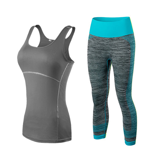 2017 YEL Hot Ladies 2 Pcs Sport Running Cropped Top 3/4 Leggings Set Gym Yoga Pants Vest Gym Trainning Clothing Free Shipping