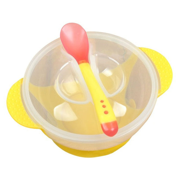 Cartoon Toddler Baby Kids Child Feeding Lid  Bowl with Spoon Binaural Baby Feeding Tableware Children Plate Sucker Bowl