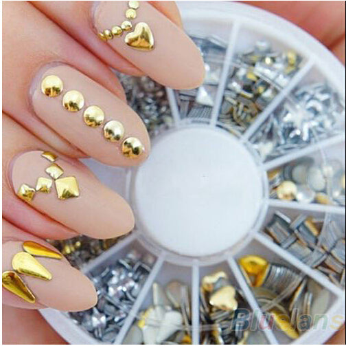 300 pcs/ set Free shipping 6 styles silver / 3D shiny metallic luster Nail decoration wheel round stickers area punk rivet studs