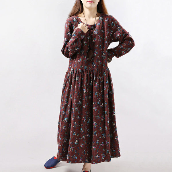 2017 New Women Dresses Autumn Winter Vintage Print Casual Long Sleeve Retro Cotton Maxi Robe Tunic Floral Big Plus Size Dress