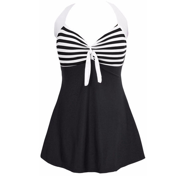 Newest Sexy  Stripe Padded Halter Skirt Swimwear Women One Piece Swimsuit Beachwear Bathing Suit Swimwear Dress Plus Size M-4XL