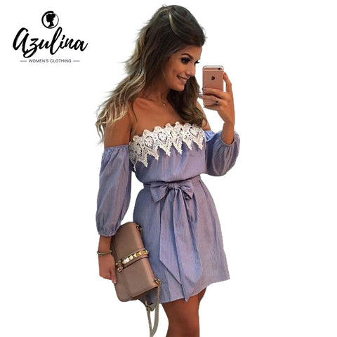 AZULINA Plus Size Elastic Sexy Off Shoulder Blue Striped Mini Dress Women Girl Casual Short White Party Dress With Belt Vestido