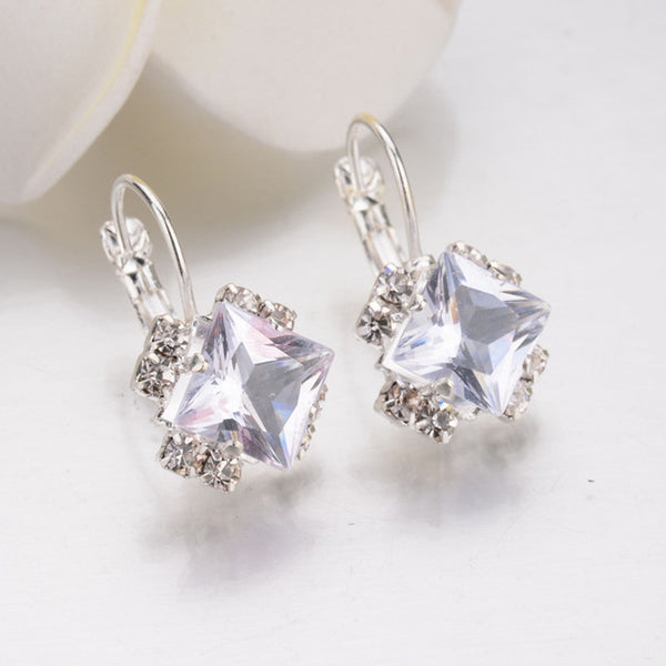 New Fashion Luxury Romantic Silver Plated Rhinestone Lace Square Created Crystal Stud Earrings For Women Jewelry brincos Bijoux