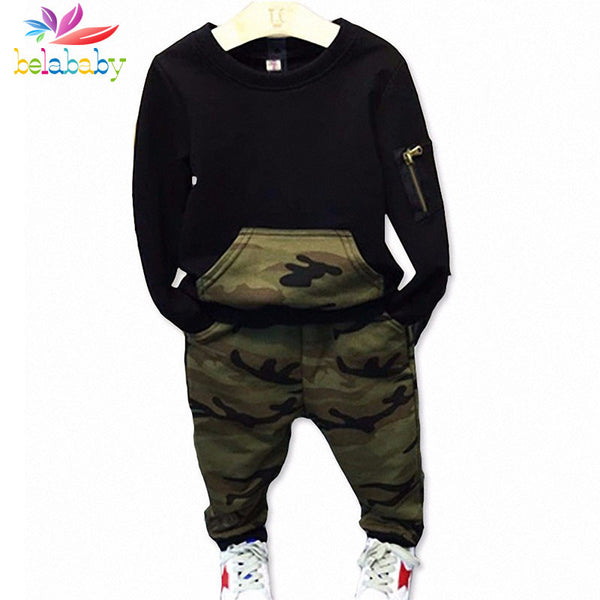 Belababy Boys Clothing Sets Baby Spring Sports Casual Long Sleeve Shirt+Pants Kids 2PCS Camouflage Clothes Set For Boys