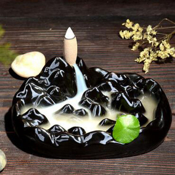 Retro Ceramic Incense Burner with 8 pcs Sandalwood Incense Cones Handmade Porcelain Lotus Pond Censer Incense Stickers Holder Q