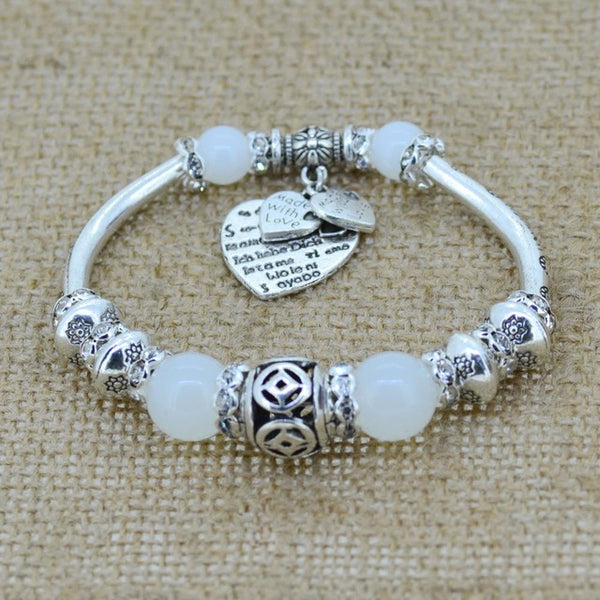 Fashion Silver Plated Jewelry Love Heart Charm Bracelets & Bangles Glass Beads Strand Bracelets for Women 2017 Boho Bohemian