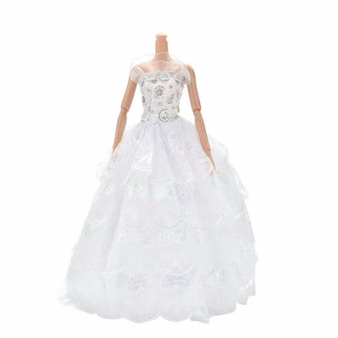 Luxury White Handmade Doll Wedding Dress For Barbie Princess Floor Length 4 Layer Doll Party Dress Clothing 1PC
