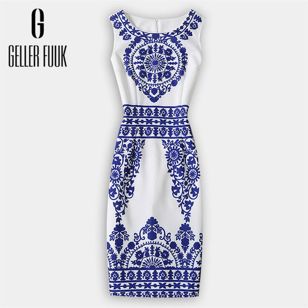 Geller Fuuk 2017 New Summer Women Dress Sleeveless Work Style Sheath Knee-Length Print Pack Hip Party Dresses O-Neck #A804