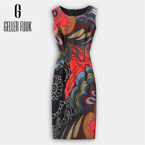 Geller Fuuk 2017 New Summer Women Dress Sleeveless Work Style Sheath Knee-Length Print Pack Hip Party Dresses O-Neck #A804