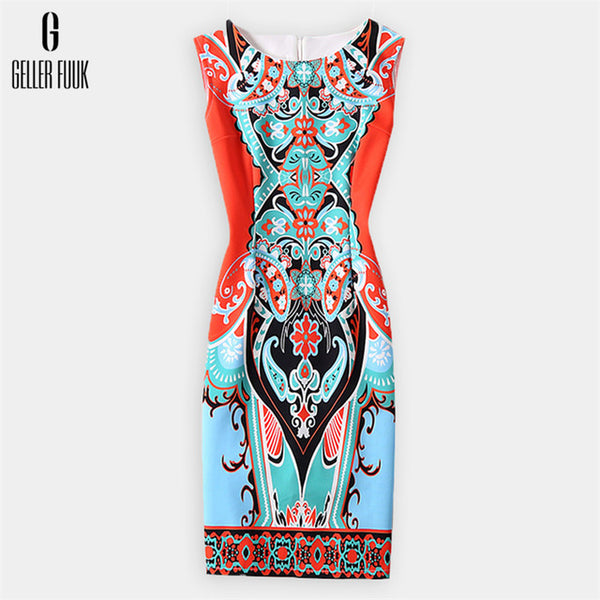 Geller Fuuk 2017 New Summer Women Dress Sleeveless Work Style Sheath Knee-Length Print Pack Hip Party Dresses O-Neck #A804