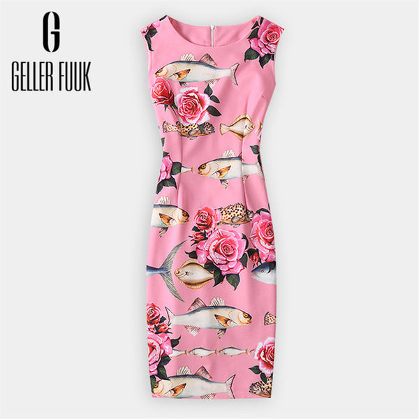 Geller Fuuk 2017 New Summer Women Dress Sleeveless Work Style Sheath Knee-Length Print Pack Hip Party Dresses O-Neck #A804