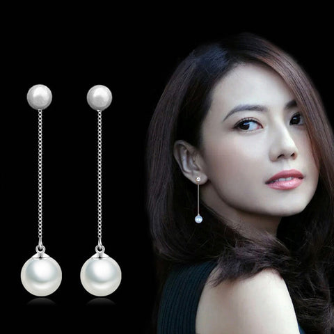 2017 Fashion Silver Earrings Double Artificial Pearl Earrings Long Paragraph Ms Temperament Simple Wear Ear women Jewelry