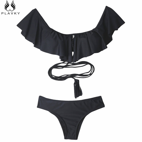 2017 Sexy Off Shoulder Ruffled Bandeau Thong Biquini Strappy Swimsuit Swim Wear Bathing Suit Swimwear Women Brazilian Bikini