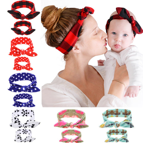 2PC/Set Mom Rabbit Ears Hair Ornaments Tie Bow  Headband Hair Hoop Stretch Knot Bow Cotton Headbands Hair Accessories