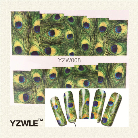 YZWLE 1 Sheet Green Feather Nail Art Water Decals Transfer Stickers, Manicure Decor Tool Cover Nail Wrap Decal(YZW-008)
