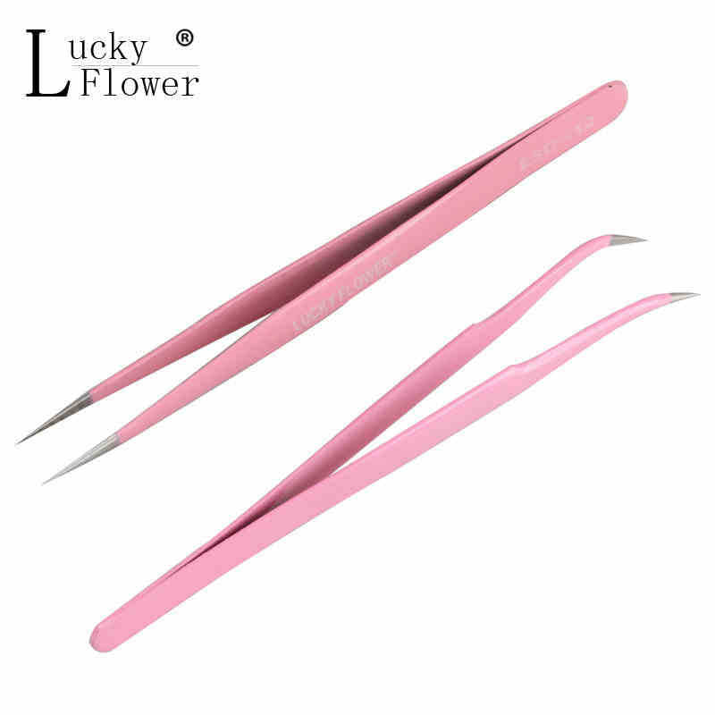 Lucky Flower Pink stainless steel Mink eyelash extension  Straight Or bend Optional tweezers professional Eye Lashes Tweezers