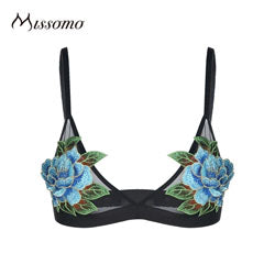 Missomo 2017 New Fashion Women Deep V Black Sexy Soft Bralette Flower Soft Small Chest Embroidery Print Adjustable Bras