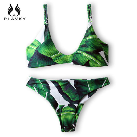 2017 Sexy Women Low Cut Push Up Bikini Brazilian Palm Leaf Printed Swimsuit Beachwear Female Strappy Swimwear Thong Micro Bikini