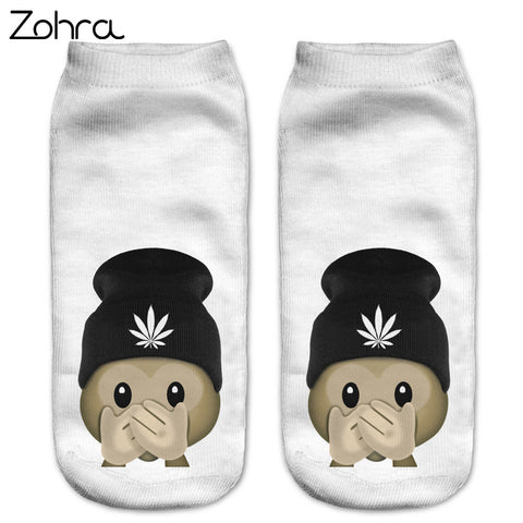 Zohra Funny Emoji Monkey 3D Printed Sock Women Low Cut Ankle Socks Calcetines Hosiery Meias White Casual Sock